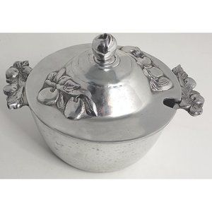 Handcrafted silver-plated serving dish with lid embedded fruit and leaf designs
